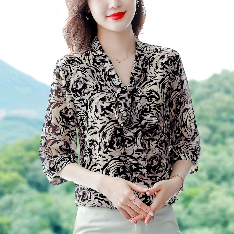 重磅真丝衬衫女2022夏新款时尚短袖蝴蝶结领气质杭州桑蚕丝上衣服ic