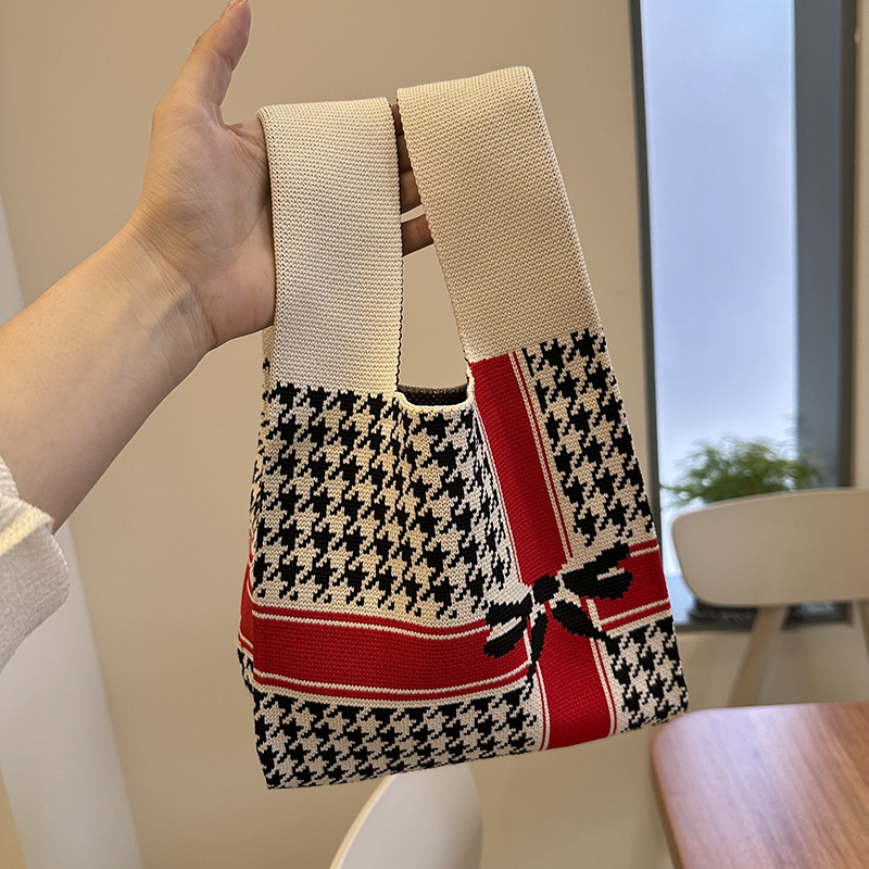 Japanese Knitted Storage Bag Bow Houndstooth Cute Sweet Handbag Tote Vest All-Match Bag