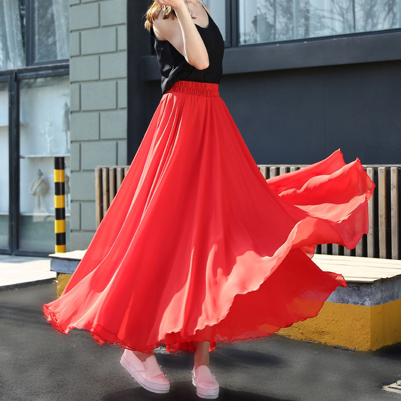 Large Swing Three-Layer Chiffon Skirt Women's Spring and Summer A- line Skirt New Long Dress Slimming Beach Fairy Dress Dancing Dress