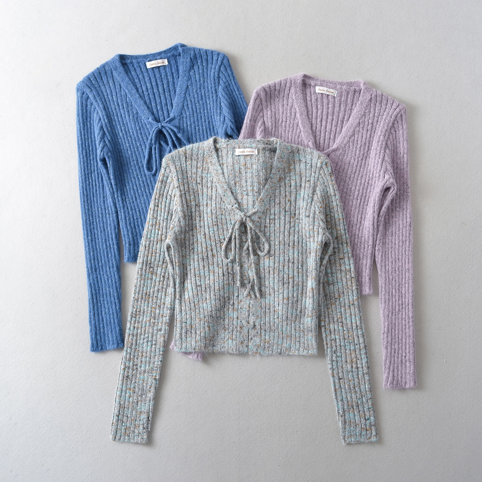 2258-23秋季新款 韩版复古田园风v字领加厚系绳肯条