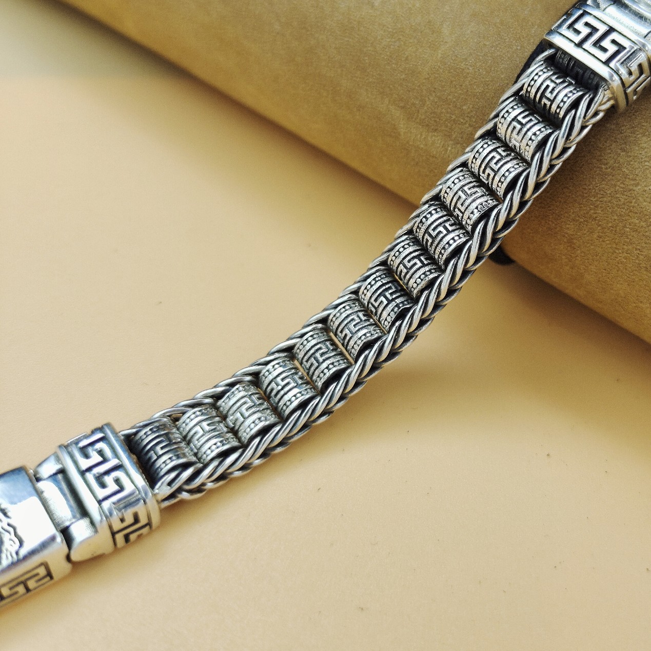 手工虎头路路通转经筒手链男士纯银女转动珠六字真言个性国潮复古