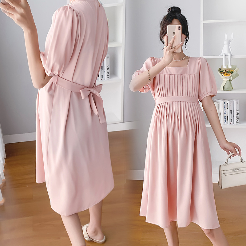 孕妇夏装2022孕妇裙新款泡泡袖洋气连衣裙韩版气质中长裙子