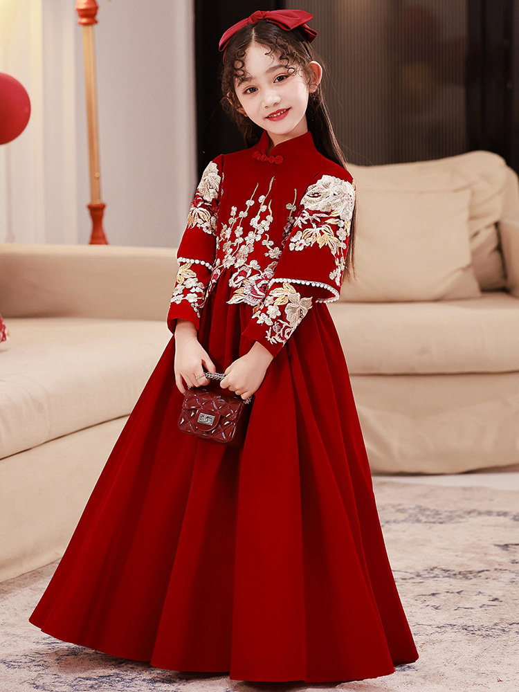 女童礼服冬季红色高端公主裙儿童主持人花童婚礼小女孩钢琴演出服