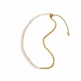 欧美INS半淡水珍珠半18K镀金珠球简约不锈钢首饰短项链流行饰品女