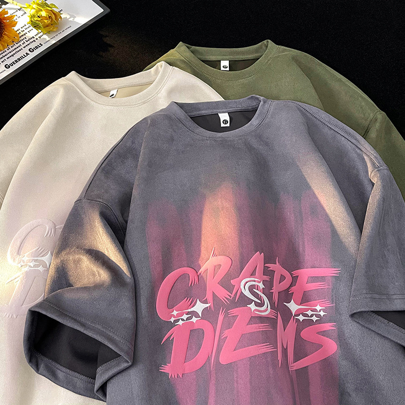 鹿皮绒重磅发泡印花短袖t恤男士圆领国潮宽松半袖体恤潮牌衣服男