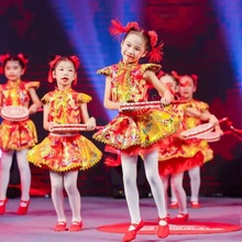 元旦儿童喜庆演出服饰新年服说唱中国红严格服幼儿太平鼓表演服装