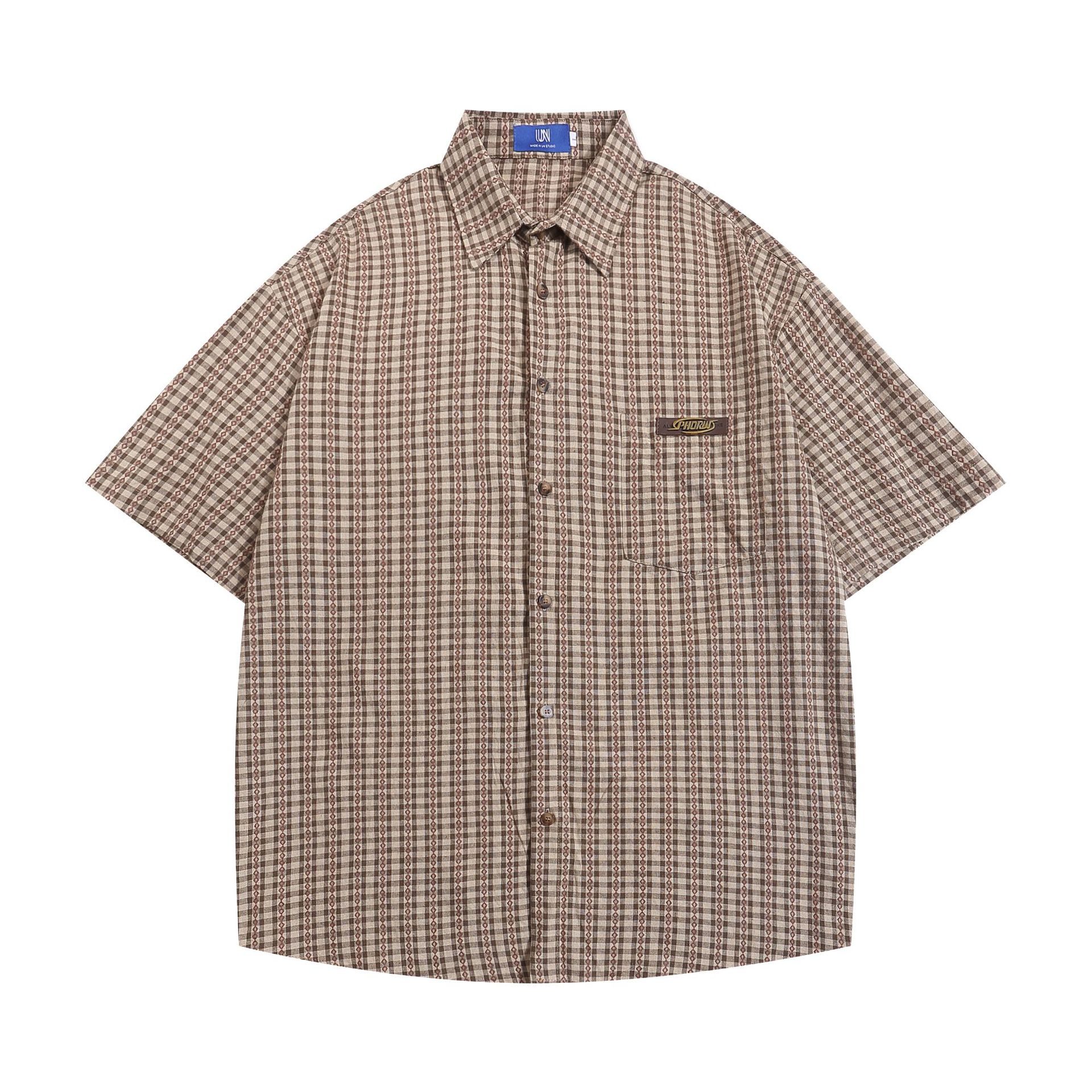 嘉衣库男装∣2024复古日系宽松古着衬衫格纹菱形条纹休闲短袖衬衣