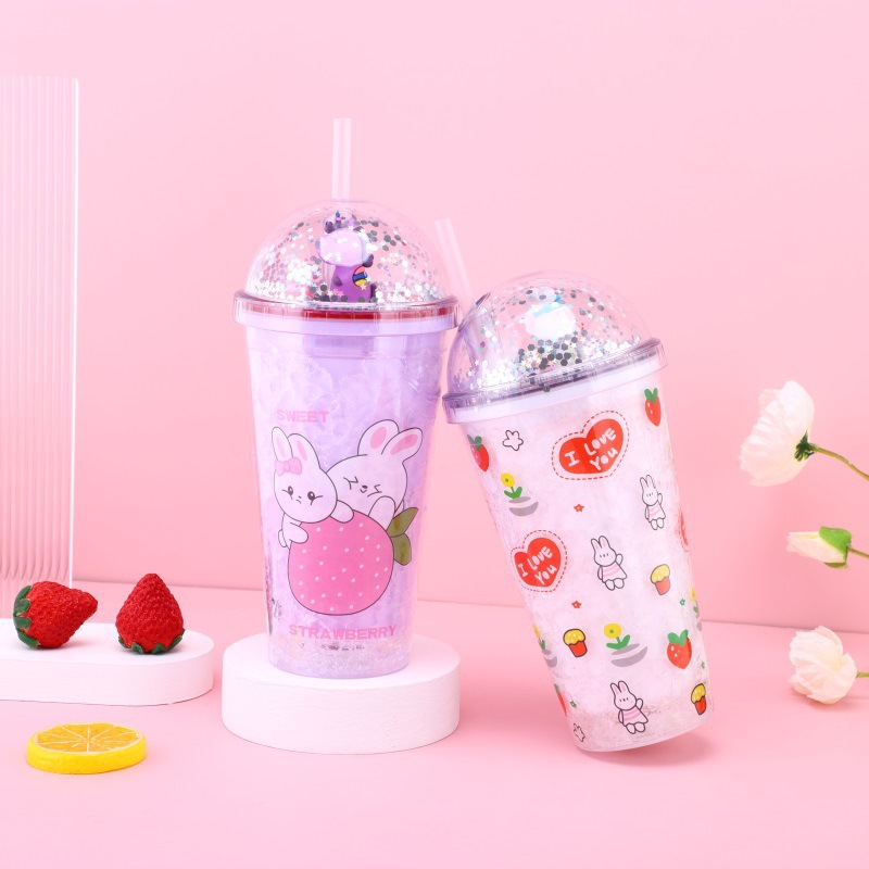 Cartoon Rabbit Bear Plastic Cup Student Creativity Portable Handy Cup Sealed Summer Micro Landscape Cup with Straw Wholesale