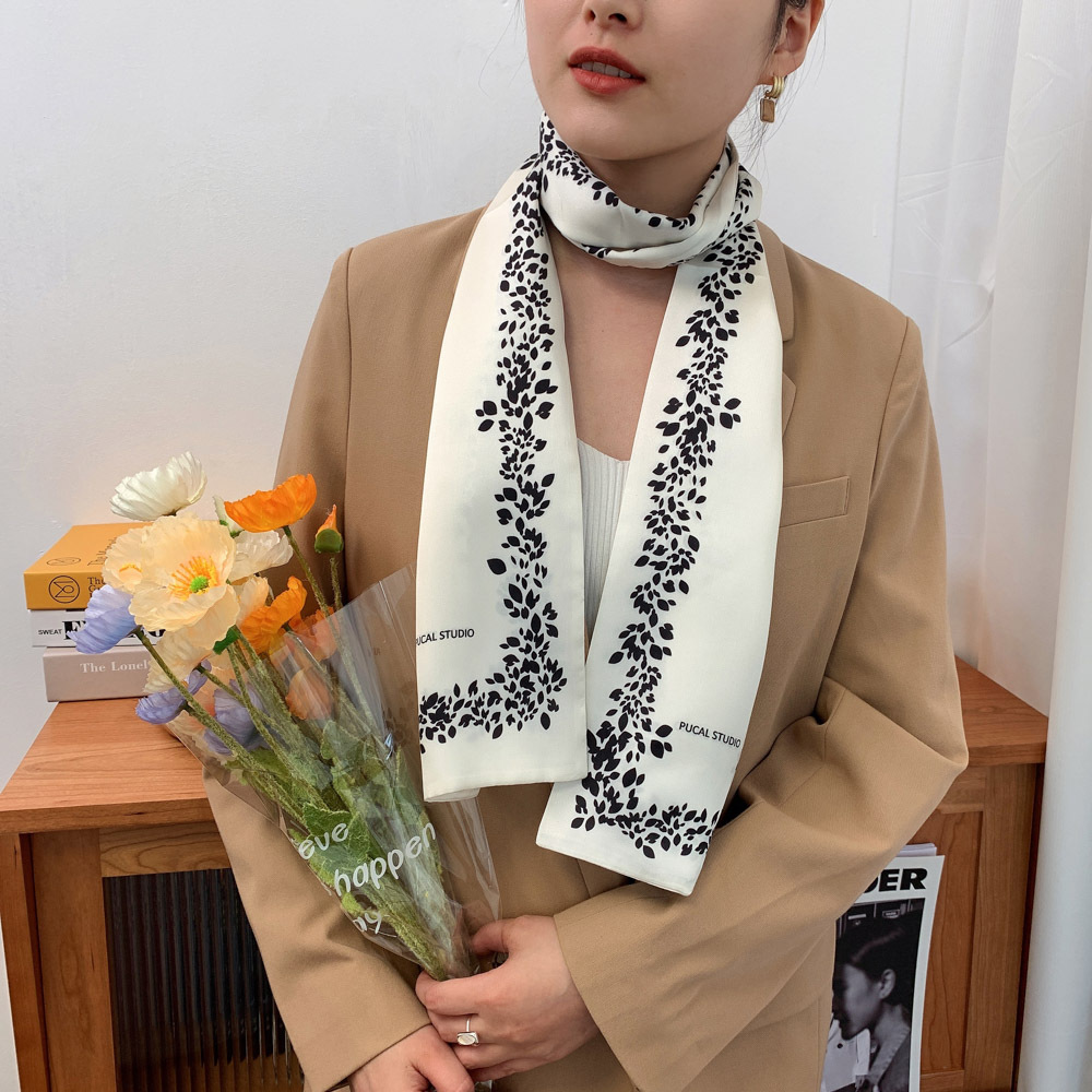 Original Art Plain Striped Flower and Leaf Artificial Silk Long Stripe Small Silk Scarf Women's Wide Version Decorative Ribbon Boxer Scarf