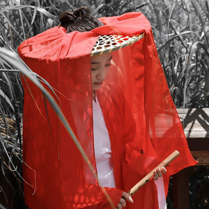 斗笠古风摄影道具 cosplay儿童古装汉服竹编帽女侠客防晒遮脸面纱