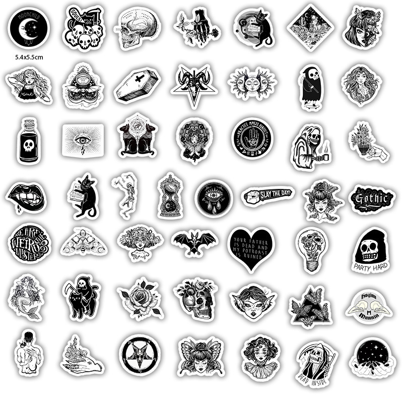 50张暗黑系哥特风涂鸦贴纸黑白行李箱手机电脑笔记本滑板头盔贴纸