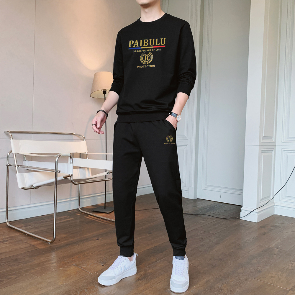 男士时尚长袖圆领卫衣套装男春季休闲运动高端男装春季时尚衣