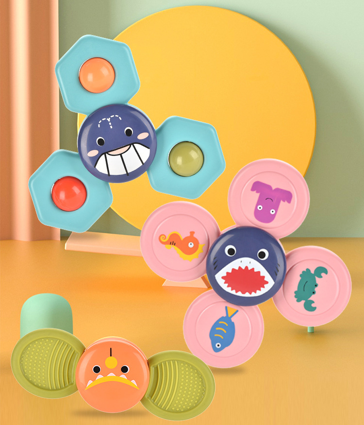跨境儿童吸盘转转乐婴幼儿海洋吸盘玩具儿童卡通指尖陀螺牙胶摇铃