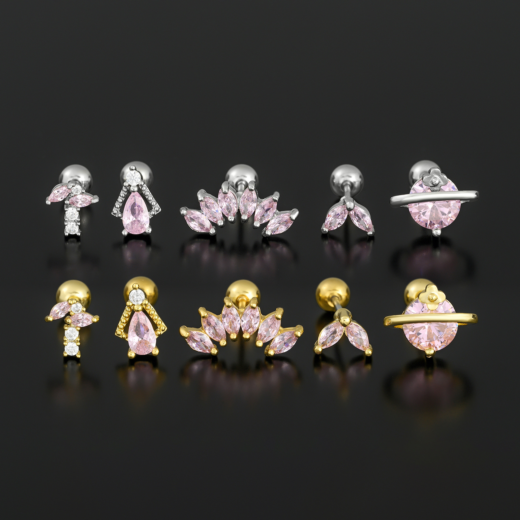 Geometric Sweet Micro Inlaid Zircon Stainless Steel Rod Piercing Ear Ear Bone Pin Cross-Border Sweet Cool Hot Girl Pink Personality Ear Bone Stud