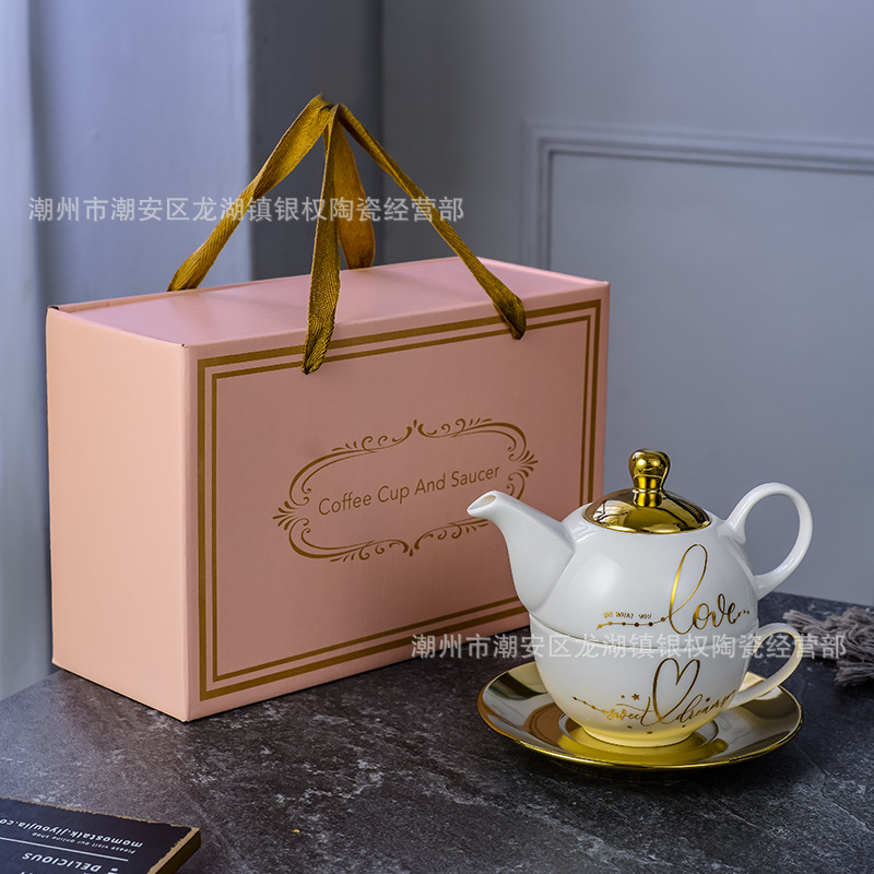 European-Style Coffee Shop Home Living Room Office Afternoon Tea Coffee Set Golden Edge Mother and Child Pot Tea Set