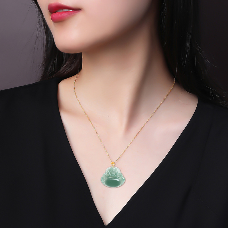 18K Gold Inlaid Natural Myanmar Fake Jadeite Oil Green Buddha Maitreya Buddha Pendant Necklace Ice Jade Pendant for Women