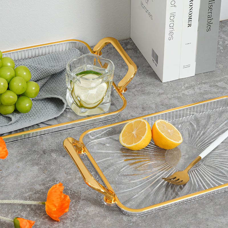 Transparent Golden Edge Fruit Plate Light Luxury Handle Fruit Plate Pet Snack Dish Dried Fruit Tray Nut Plate