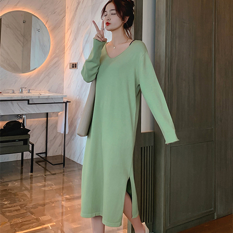 配大衣毛衣裙女秋内搭打底过膝慵懒风长裙修身开叉针织连衣裙秋冬