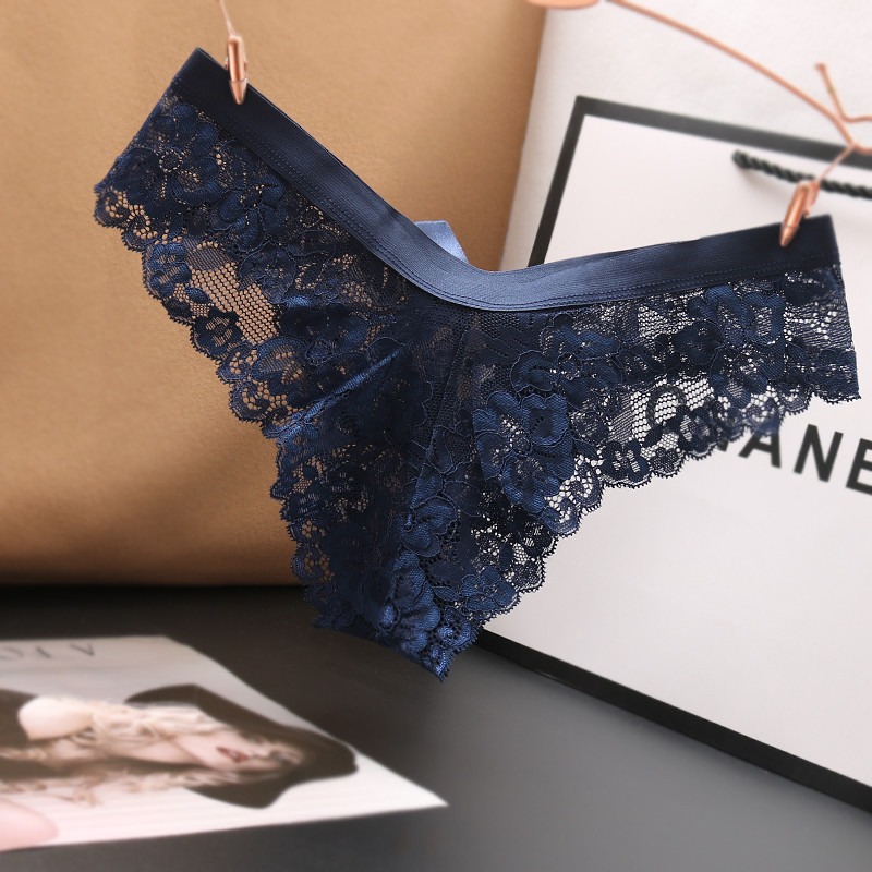 欧美性感全蕾丝透明低腰丁字裤无痕薄网纱蝴蝶结诱惑t型内裤女