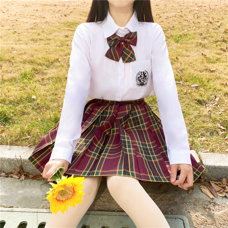 山楂树jk制服日系学院风翻领刺绣衬衫格子百褶裙半身短裙校服套装