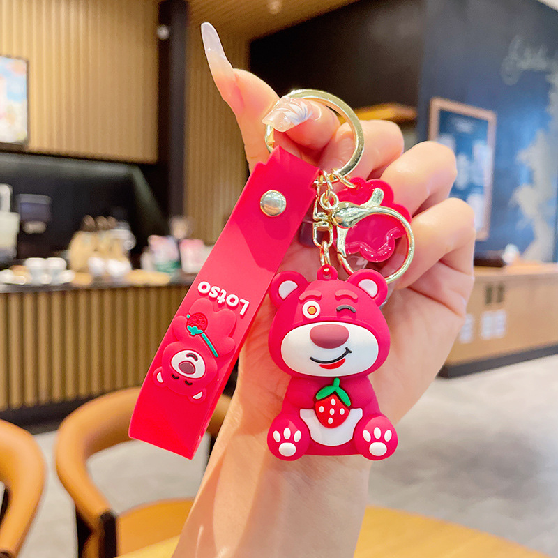 New Cartoon Cute Strawberry Bear Keychain Couple Women Bag Car Key Chain Pendant Crane Machine Small Gift