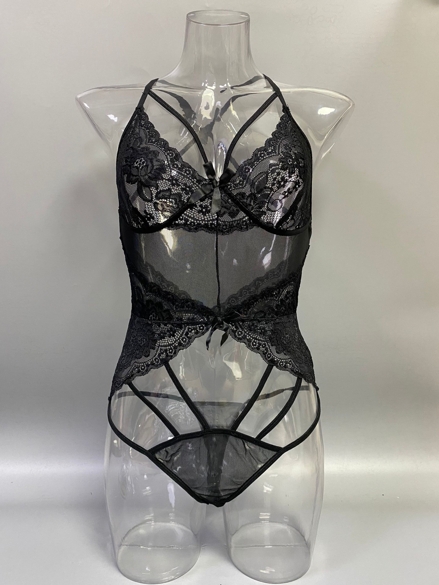 亚马逊新款情趣内衣蕾丝网纱十字交叉肩带睡衣镂空条纹渔网连体衣