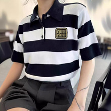 南油高版本 MIU系学院风条纹减龄POLO领T恤女装字母logo短袖上衣