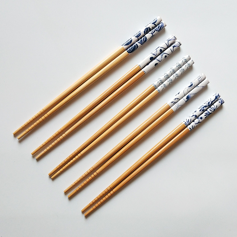 新品中国风手绘仿瓷花纹工艺五双礼盒装竹筷家庭用分餐筷子竹木筷