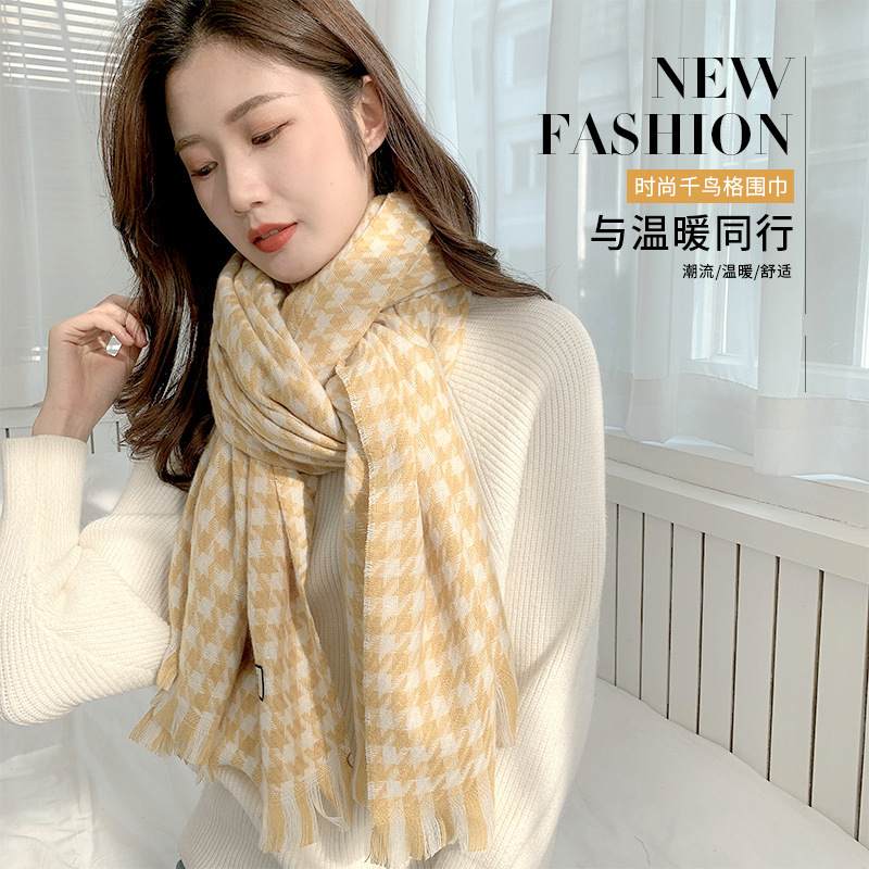 Houndstooth Scarf for Women 2023 Winter New Plaid Cashmere-like Tassel Shawl Thickened Cold Protection Warm Scarf