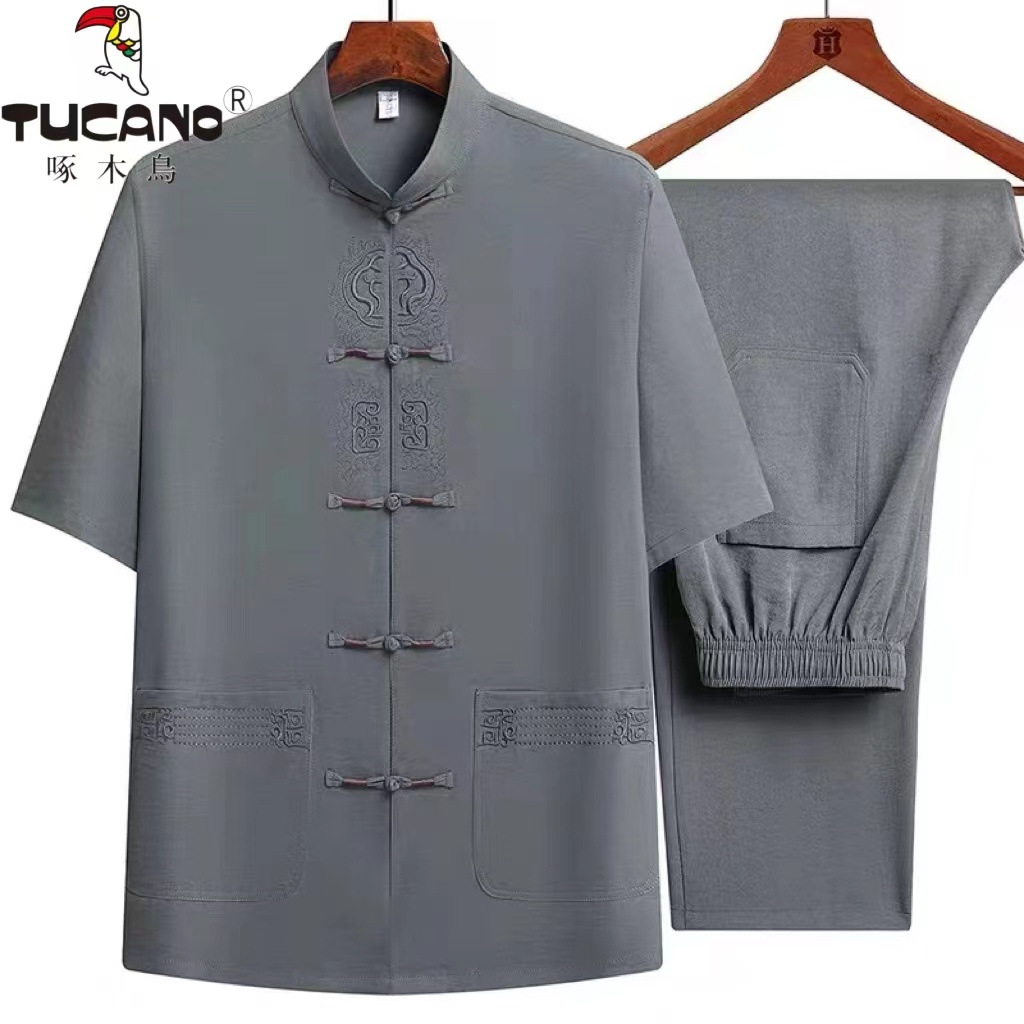 tucano/啄木鸟夏季新款中老年夏中国风爸爸中山装立领宽松套装男