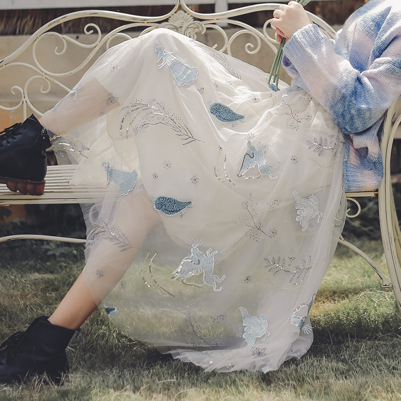 重工刺绣纱裙半身裙2024春夏新款小个子复古a字裙子网纱长裙女夏