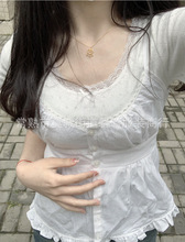 BM风 美式甜美风夏季bm棉质白色圆领花边单排扣吊带背心女
