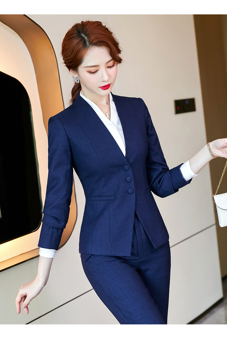 高级感蓝色西装套装女职业装工服春秋新款气质西服工作服正装工装