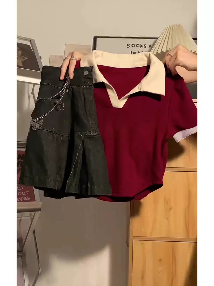 酒红色polo领短款短袖t恤女春夏季2024新款设计感小众上衣潮-阿里巴巴