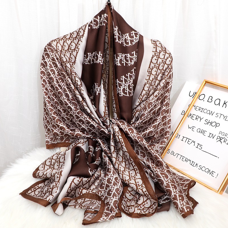 Classic Letter D Silk Scarf Female Star Same Product Temperament Wild Scarf Brocade Satin Artificial Silk Texture Shawl Scarf New