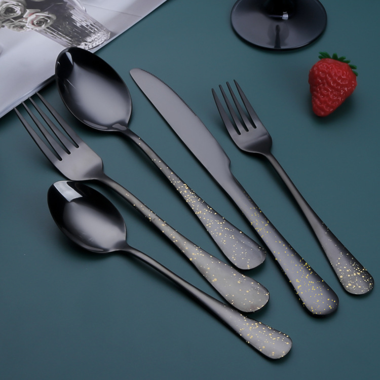 1010 Gold-Plated Tableware Portuguese Tableware Set Black Creative Western Food Steak Knife, Fork and Spoon Dessert Spoon