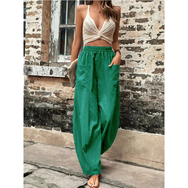 Wish Independent Station Amazon Cross-Border Hot Women's Pants Solid Color Pocket Women's Casual Trousers Trousers with an Elasticated Waist Trousers