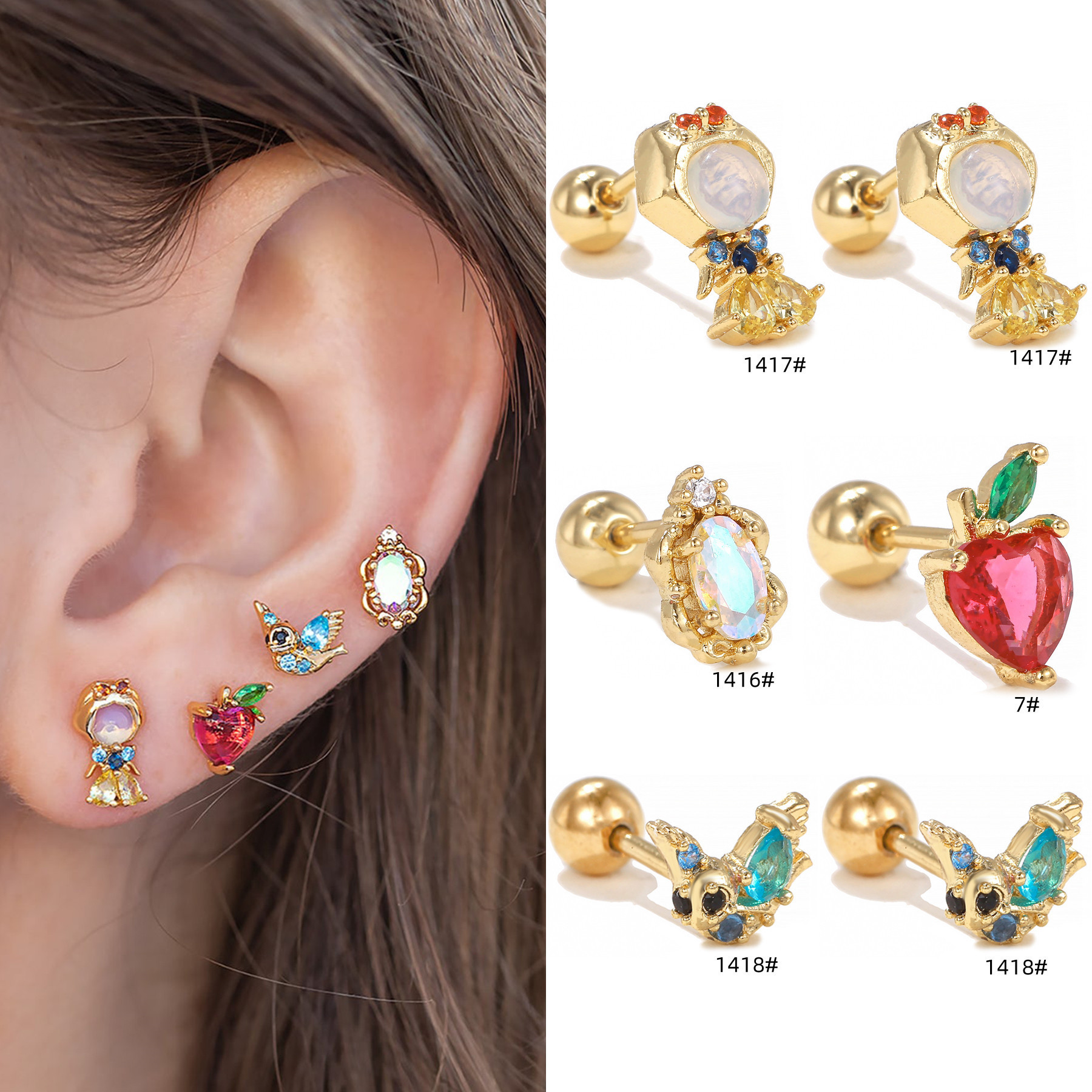 European and American Fashion Color Zircon Ear Bone Stud Light Luxury Cartoon Princess Series Ear Ear Bone Pin Stainless Steel Rod Piercing Ear Stud