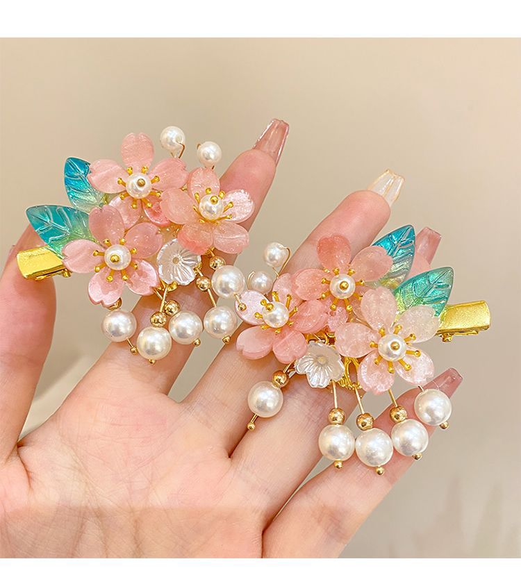 Barrettes Ancient Costume Hair Accessories Flower Pearl Tassel Clip Children's Han Chinese Costume Headdress Accessories Female