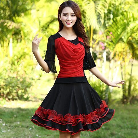 yxbb广场舞服装新款中袖大摆裙套装交谊拉丁舞蹈服跳舞衣服演出服