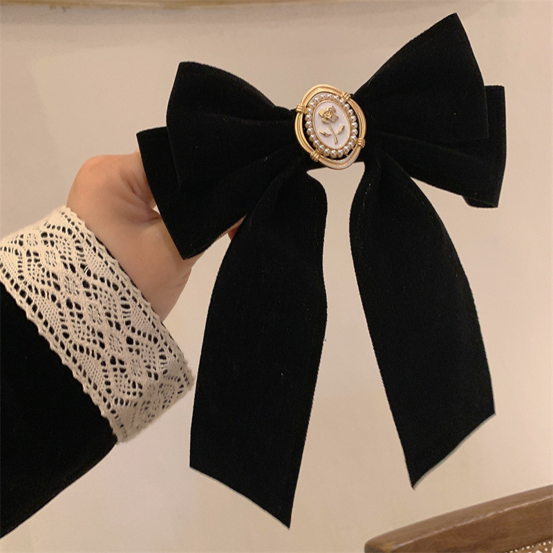 Rich Family Gold! Black Velvet Rose Bow Barrettes Retro French Head Clip Classic Style Premium Hair Accessories