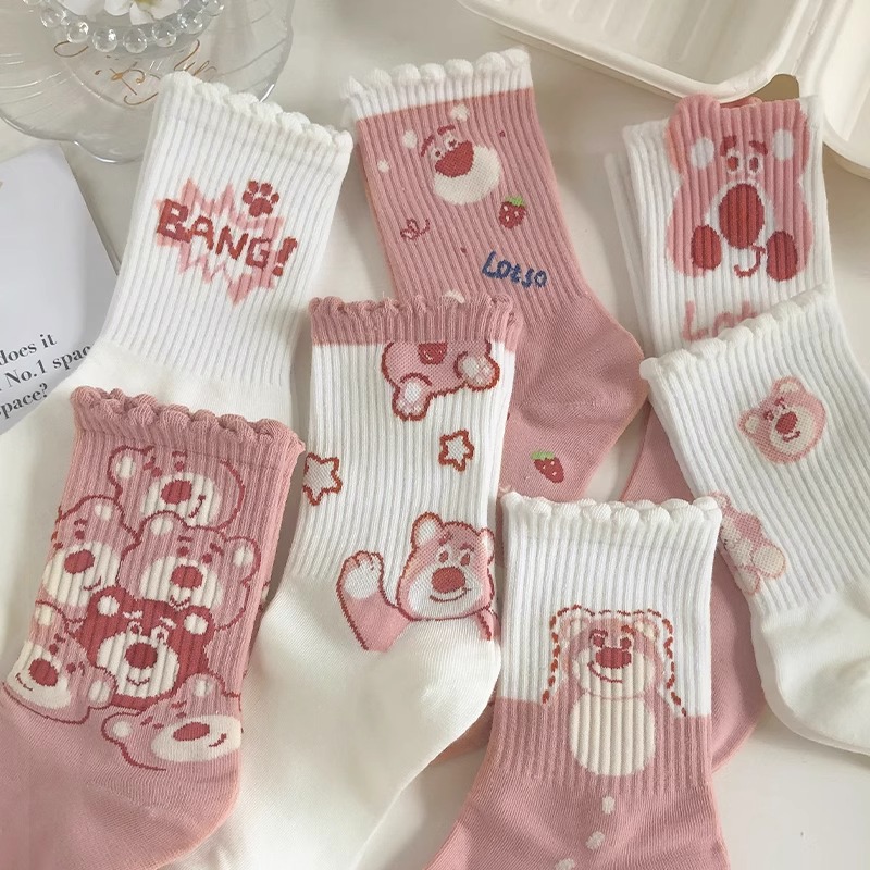 粉色袜子女中筒袜ins潮秋冬款百搭可爱小熊甜美少女学生运动长袜