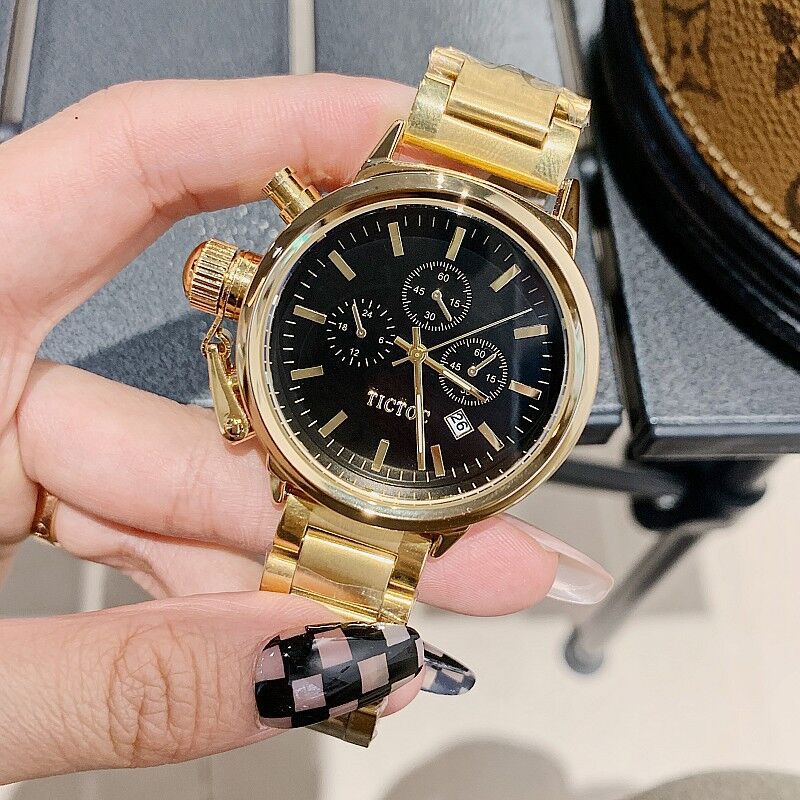 tictoc手表大表盘女士三眼带日历金色钢带欧美高级感网红个性女表