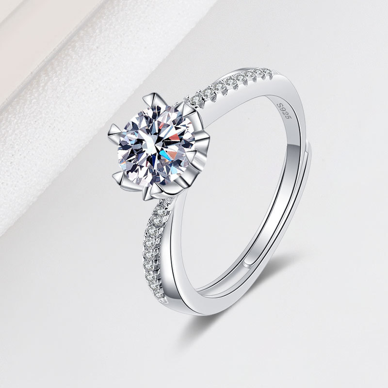 s925纯银莫桑钻戒指刘诗诗同款1克拉交叉六爪仿真钻银镀18k白金