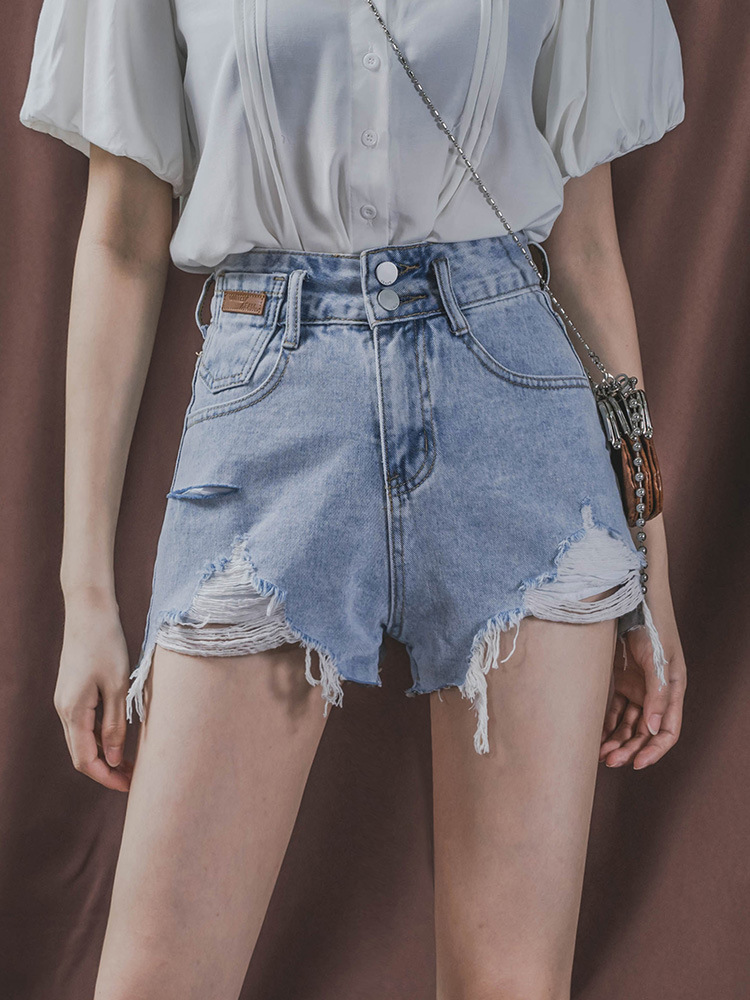 新款不对称高腰破洞显瘦牛仔超短裤女ins拼皮百搭宽松阔腿热裤潮