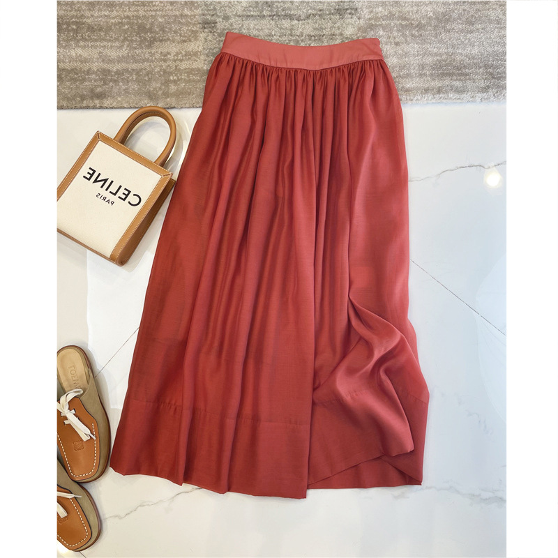 出尘仙气 文艺复古 石榴红欧根纱腰裙a字高腰半身长裙女2021夏季