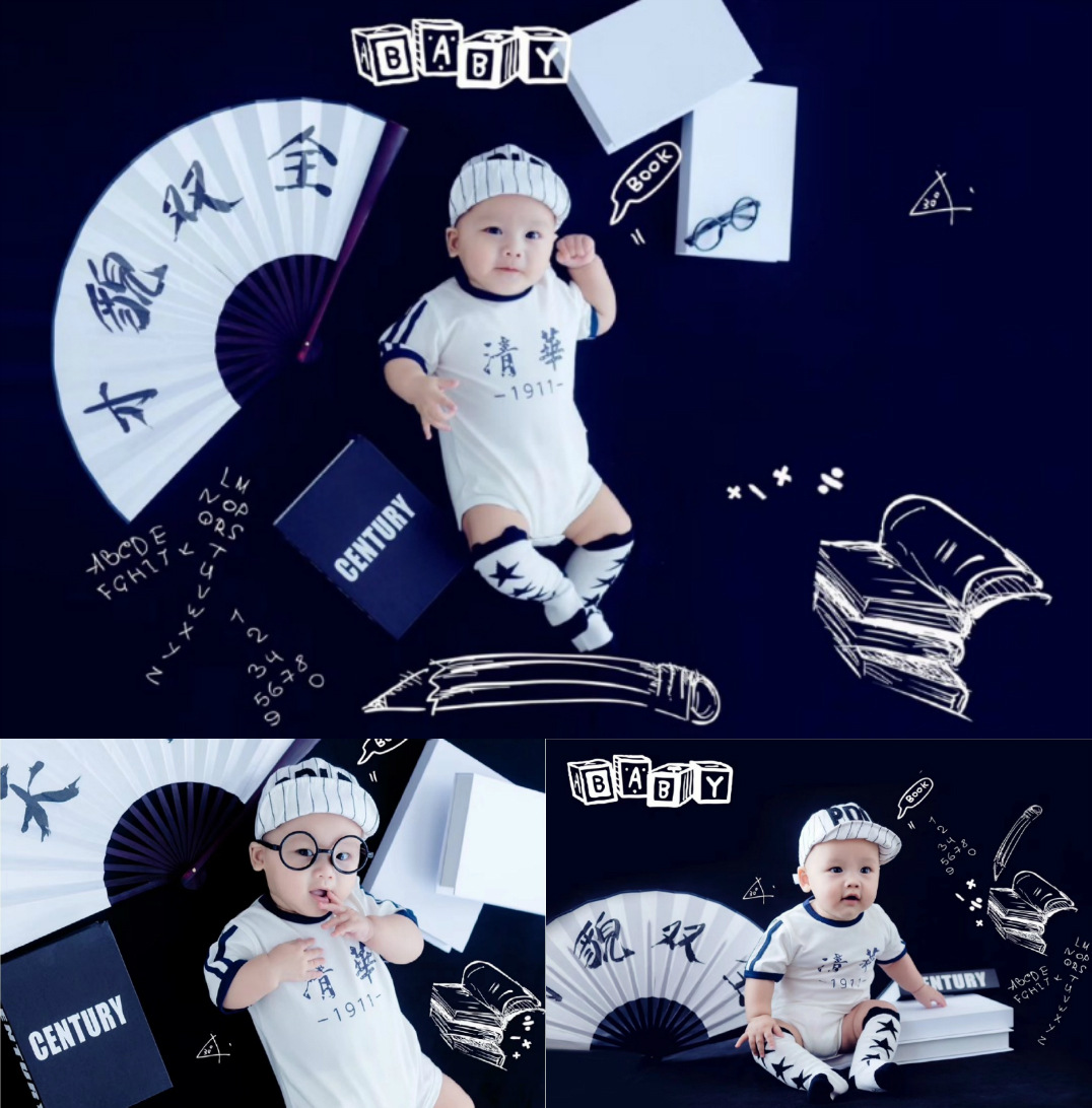 新款儿童摄影服装满月百天周岁宝宝拍照清华北大影楼主题套装道具