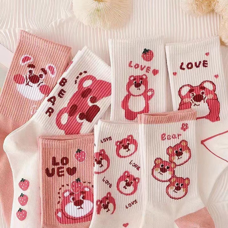 Cute Women's Pink Strawberry Bear Socks Ins Fashionable All-Matching Autumn and Winter Tube Socks College Style Long Fashion Socks for Women