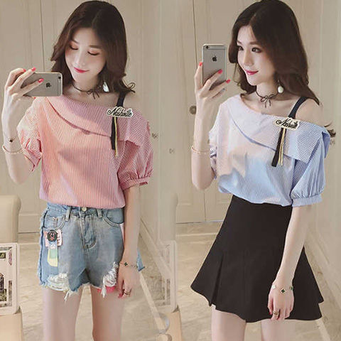 夏季韩版露肩短袖t恤衫女装宽松休闲五分袖上衣t恤女百搭半袖衣服