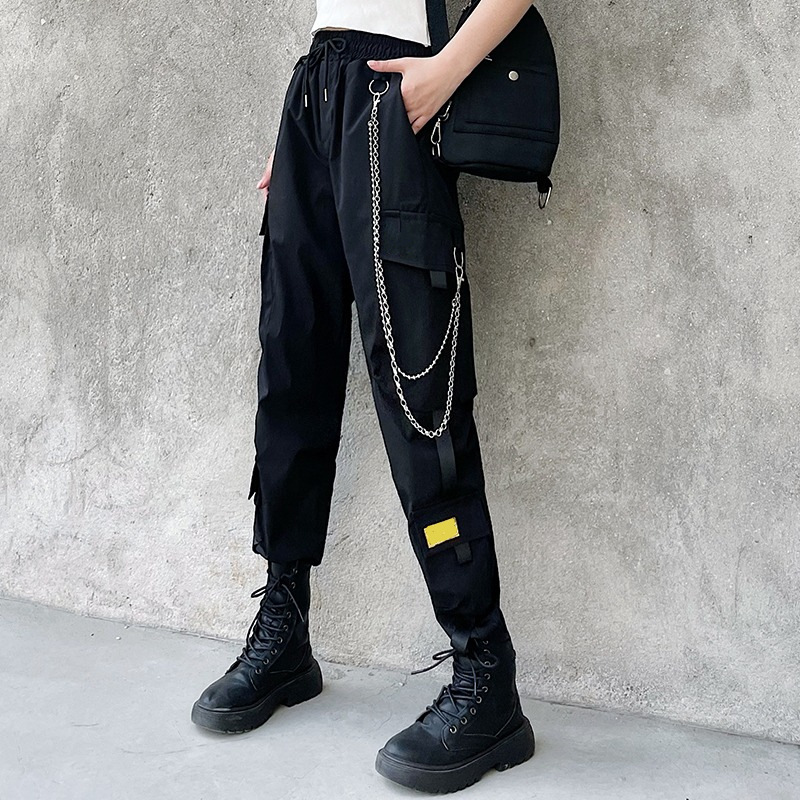 束脚工装裤带铁链女显瘦高腰大码黑色裤子女宽松直筒韩版